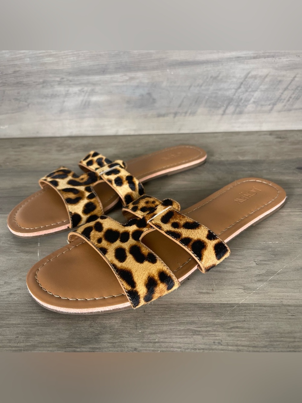 JCrew Womens 8 Calf Hair Leopard Beachside Slip On Slide Sandals Resortwear
